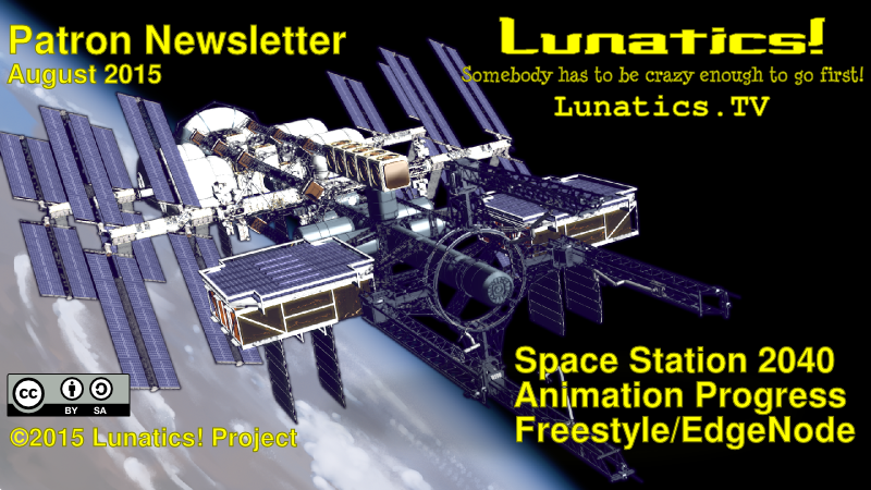 Patron Newsletter cover for August 2015, featuring the 2040 Space Station