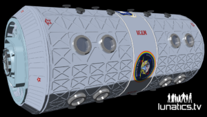 Cylindrical module with windows and a logo on the side.
