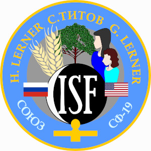 Soyuz mission patch with stylized Hiromi and Georgiana, a tree, and heads of wheat.