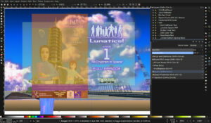 Screen capture of inkscape session while working on cover art poster of Hiromi and Georgiana in front of a Soyuz on the launch pad.