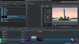 Screen capture of edit in Kdenlive with preview of Soyuz Rollout sequence from Lunatics