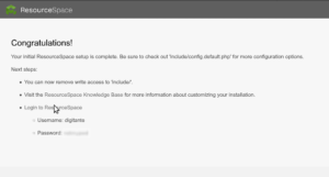 Congratulations page from ResourceSpace installer
