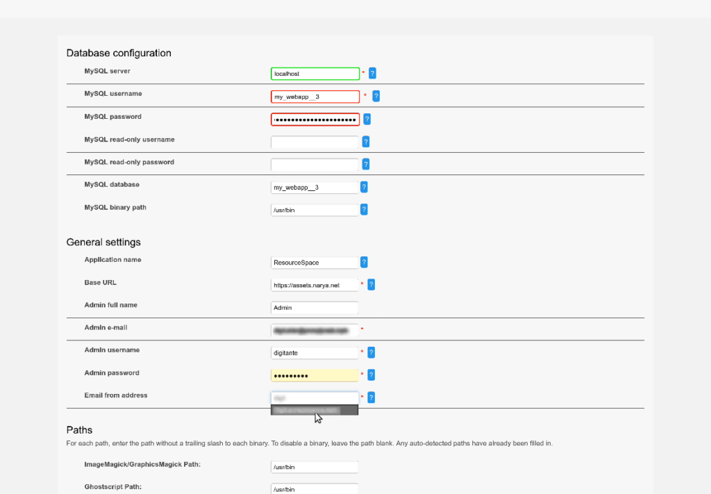 Settings for ResourceSpace installation