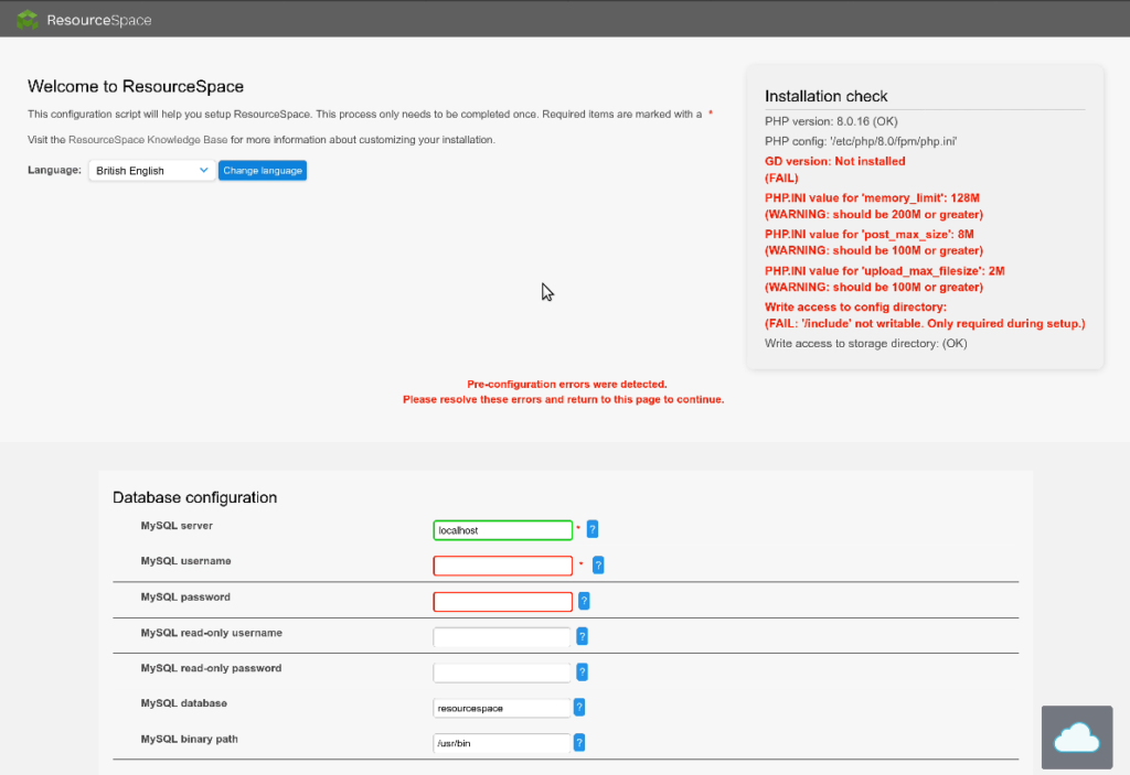 ResourceSpace web installation pag, with some red text indicating incorrect settings