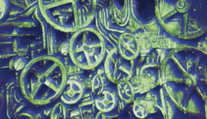 Abstract image of many valves from a submarine with video distortion
