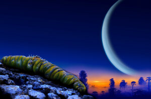A caterpillar creature crawls on a rock in the foreground. Behind it is a silhouetted jungle in indigo, with a deep blue sky overhead and the sun rising. Also in the sky is a giant cerulean blue planet, taking up much of the sky.
