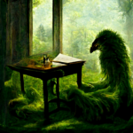 A strange green feathered creature sits on the floor near a desk with papers, in front of a picture window looking out onto a forest scene.