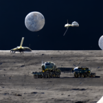 Spacecraft over a landing field on the Moon, except the orbs in the sky look more like the Moon than the Earth (and there are two of them).