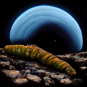 Caterpillar creature on a rocky surface, with a large blue planet in the sky.