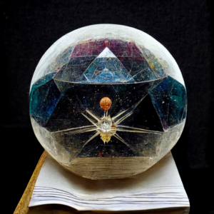 AI-generated crystal ball sitting on some papers. Some kind of starlike figure seems to float in the middle of it.