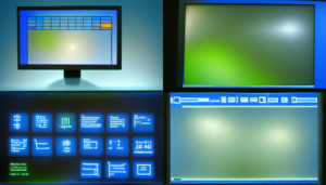 A variety of blue and green computer screens with various indistinct text, icons, and graphics on them.