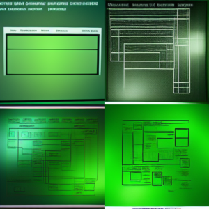 Greenish computer displays with indistinct diagrams and text.