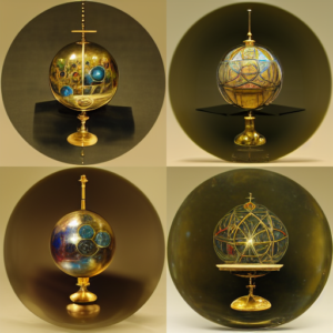 Four variations on glass spheres with complex interiors and gold stands.