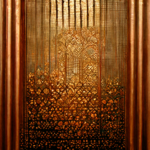 Gold and copper filagree screen texture, generated by MidJourney.