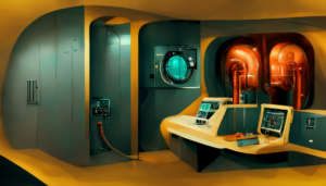 Another engine room or control room, with orange and green colors.