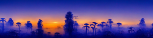 Indigo jungle skyline in silhouette, with an orange sunrise and a deep blue sky.
