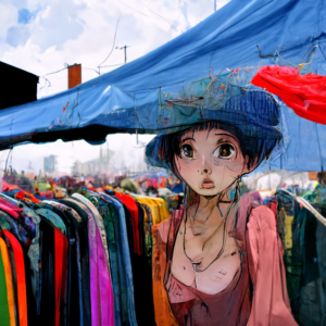 Shabby-looking anime woman looking at the camera, with clothing racks behind her. Her clothes appear to be torn, but perhaps it's just the AI failing to generate a consistent render.
