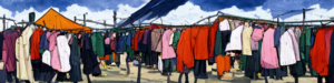 Cartoon flat-shaded style picture of clothing racks generated by MidJourney.