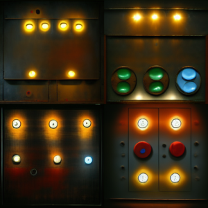 Four panels with buttons and lights, somewhat industrial-looking.