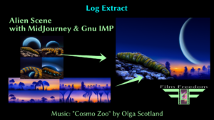 "Log Extract: Alien Scene with MidJourney and Gnu IMP" title card, with the original renders and the resulting composite image.