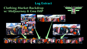 "Log Extract: Clothing Market Backdrop with MidJourney and Gnu IMP" titlecard, with original renders and processed billboard image.