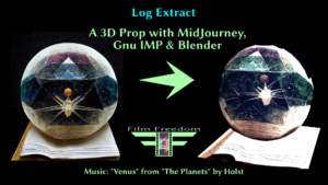 "Log Extract: A 3D Prop with MidJourney, Gnu IMP, and Blender" title card, showing the original MidJourney render on the left, and a render of the 3D prop made with Blender, based on it.