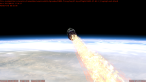 Still from shot of Soyuz approaching orbit on upper stage burn.