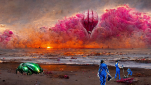 Colorful seen of an alien seashore, littered with debris, which humans and possibly a big beetle are cleaning up. A hot air balloon is in the distance.
