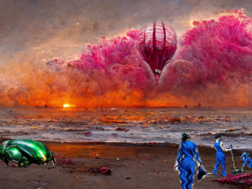 Colorful seen of an alien seashore, littered with debris, which humans and possibly a big beetle are cleaning up. A hot air balloon is in the distance.