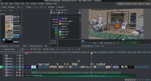 Screen capture of Kdenlive showing a scene being edited. The preview image shows Hiromi, Georgiana, and Sergei in their spacesuits in the "Suiting Up" sequence.