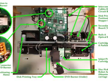 View from above of the interior of the duplicator, showing the major parts, and in particular, the connections for the DVD burner we want to remove.