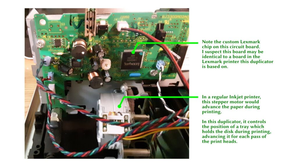 View of the Lexmark printer board inside the machine.