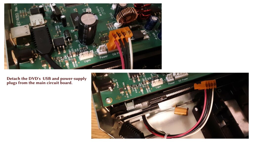 Before and after photos, detaching USB and power connectors.