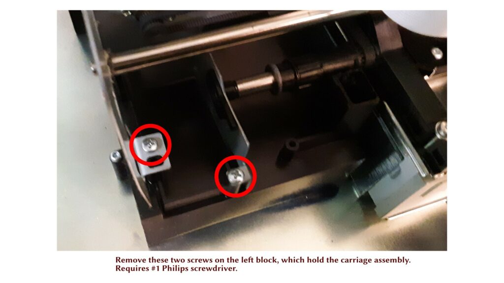 Two Philips-head screws are indicated on the left side of the carriage to be removed.