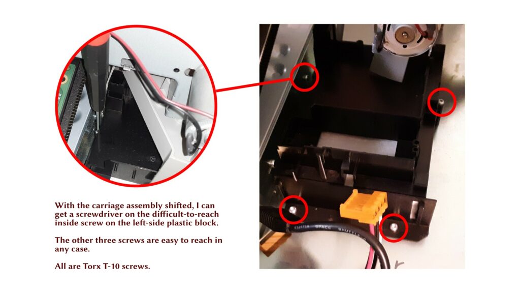 Screw locations for the left-side plastic block.