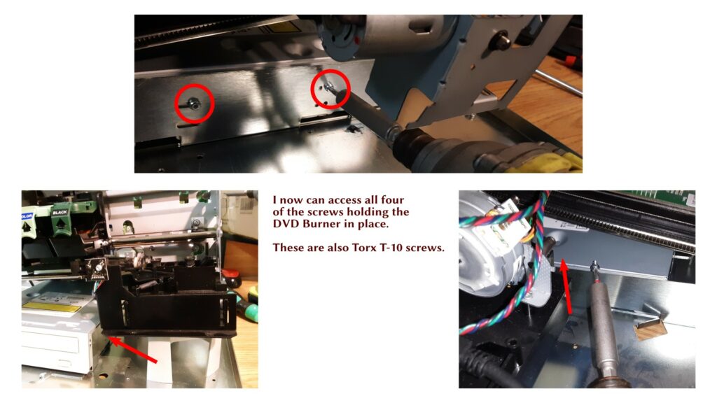 Locations of the screws holding the DVD burner.