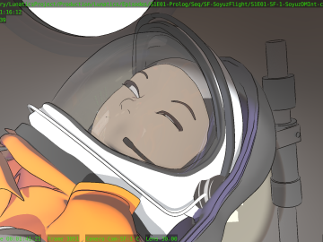 Georgiana in spacesuit, squinting at beam of sunlight.