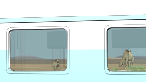 Camels reflected in train windows.