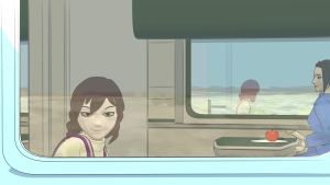 Georgiana Lerner looking out of train window. Hiromi is seated in the background.