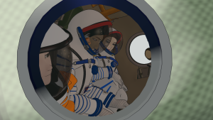 Beginning of match move shot, with interior and exterior of Soyuz orbiter.