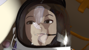 View of Georgiana's face through her helmet visor, with glare and reflections.